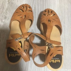 TOFFEL Swedish Hasbeens Tan Cutout Leather Wood Clog Platform Wedge Sandal NWT